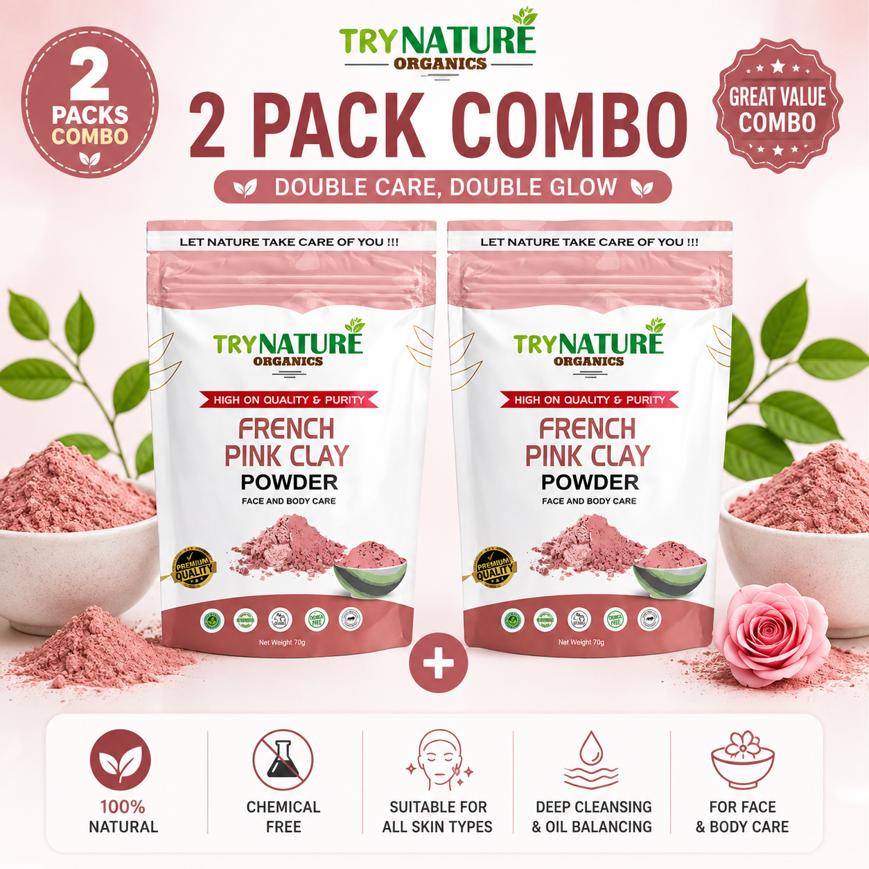 French Pink Clay Powder for Face & Body | Natural Face Pack for Glowing Skin | Skin Brightening Face Pack | TryNature Organics